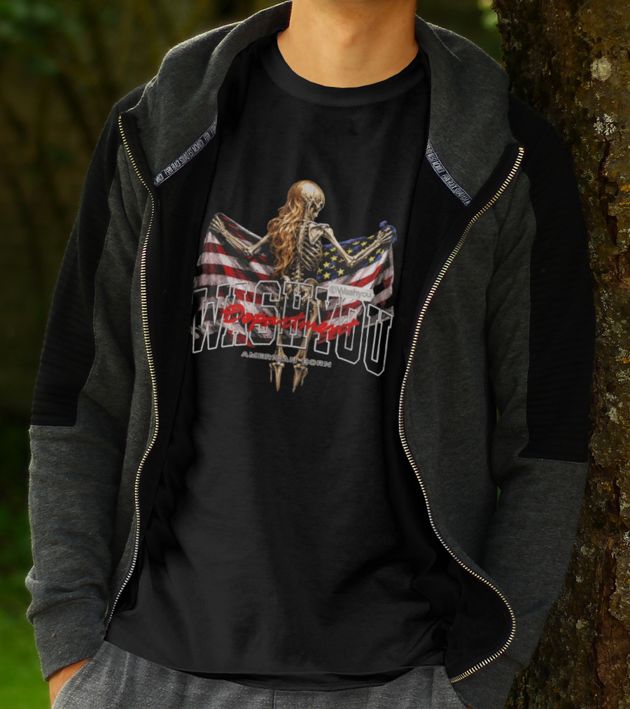 Washyou Department Skeleton Holding American Flag American Born T-Shirt