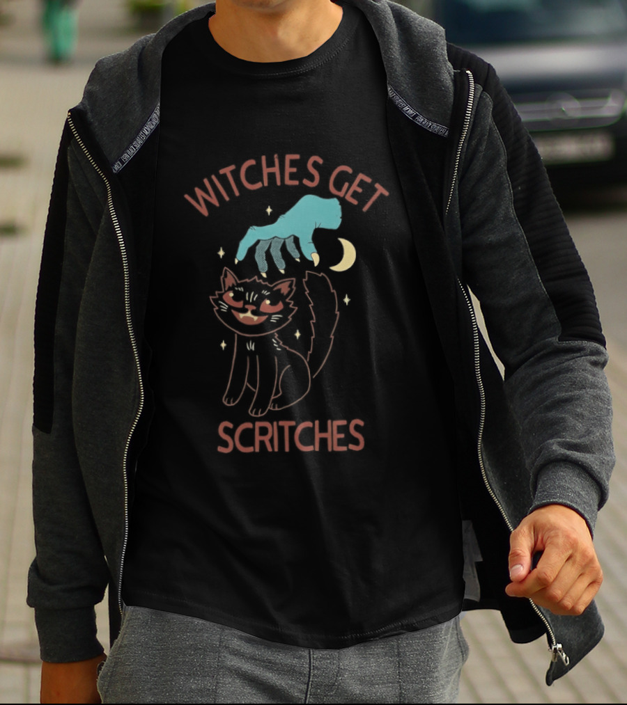 Witches Get Scritches Black Cat Halloween Moon And Hand T-Shirt