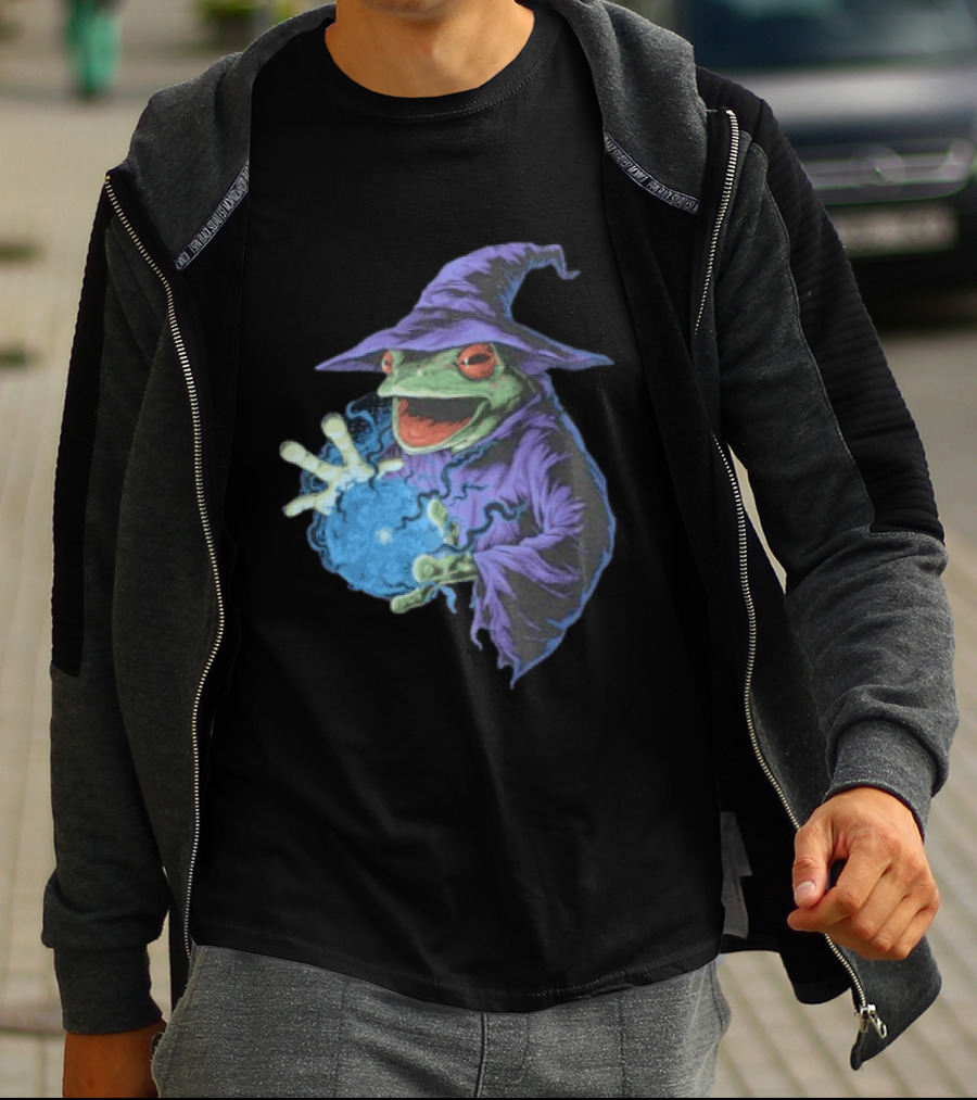 Wizard Frog In Purple Robe Casting Blue Magic Spell T-Shirt