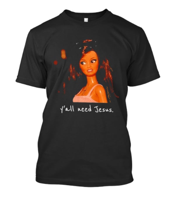 Y'all Need Jesus Doll Funny Meme Brown Hair Orange Dress T-Shirt