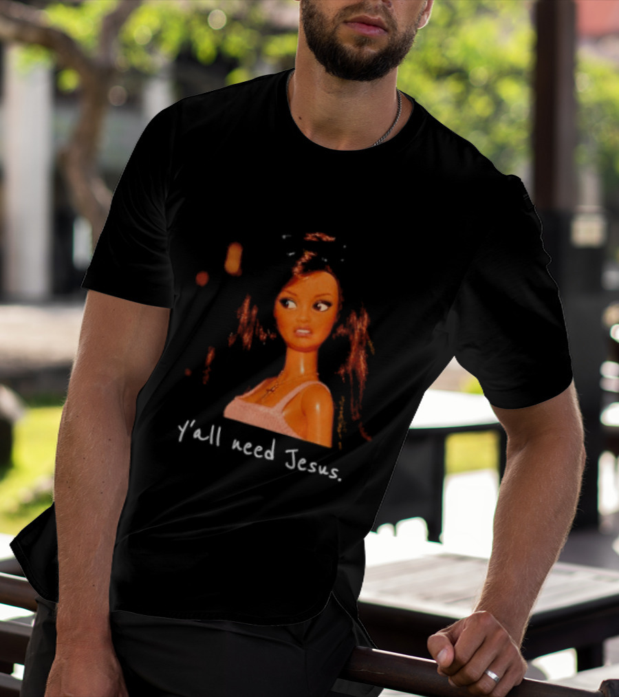 Y'all Need Jesus Doll Funny Meme Brown Hair Orange Dress T-Shirt