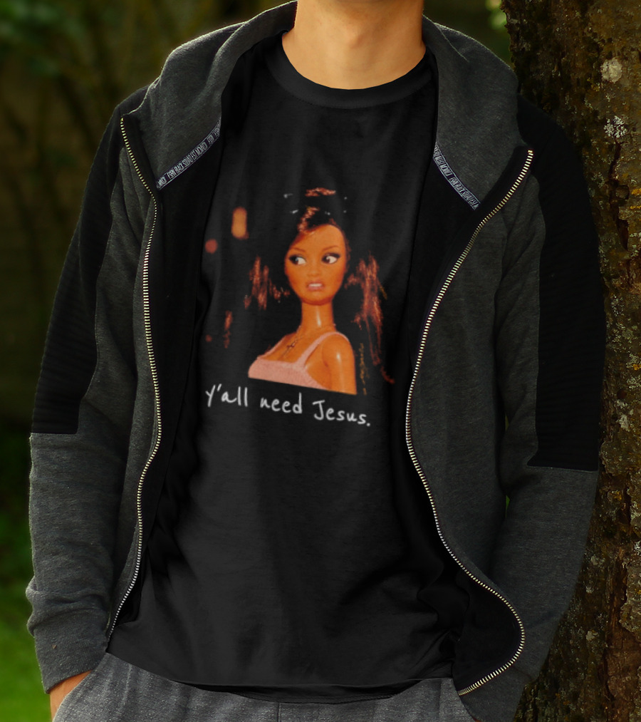 Y'all Need Jesus Doll Funny Meme Brown Hair Orange Dress T-Shirt