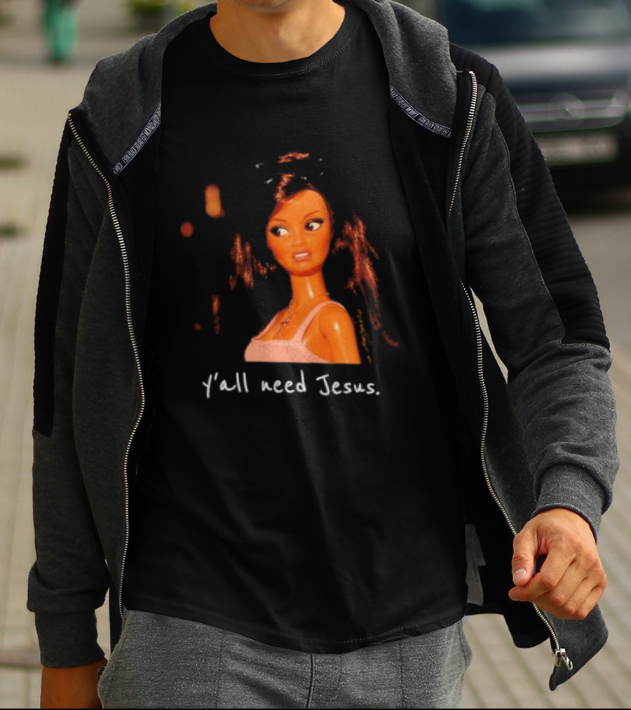 Y'all Need Jesus Doll Funny Meme Brown Hair Orange Dress T-Shirt