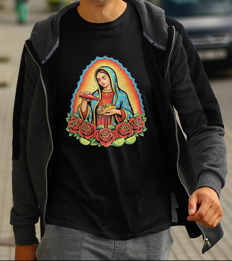 Our Lady Of Guadalupe Hot Sauce Taco With Roses And Lime T-Shirt