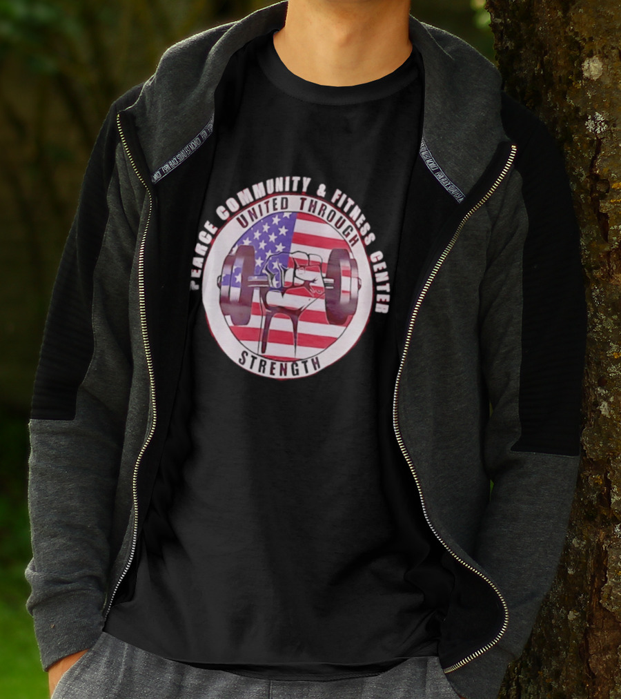 Pearce Community And Fitness Center United Through Strength America's 250th Anniversary Flag Barbell T-Shirt