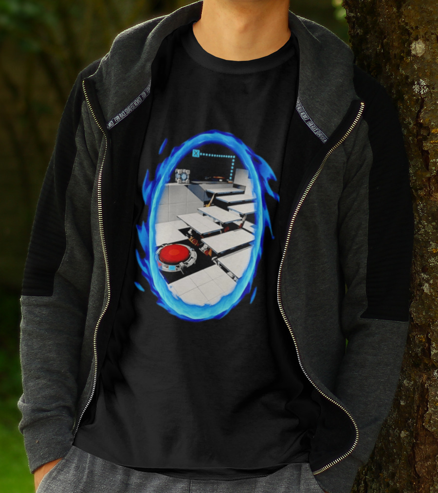 Portal Weighted Companion Cube Aperture Science Test Chamber Blue Portal Steps T-Shirt