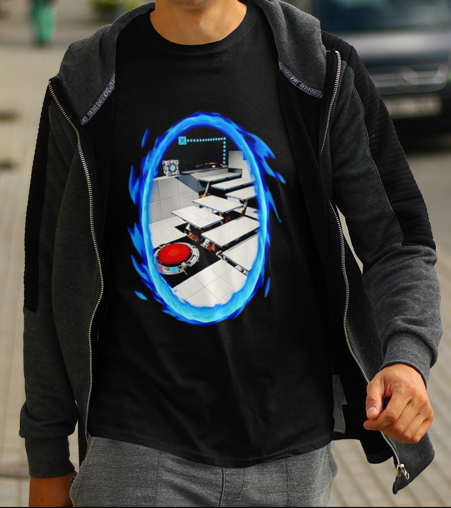 Portal Weighted Companion Cube Aperture Science Test Chamber Blue Portal Steps T-Shirt