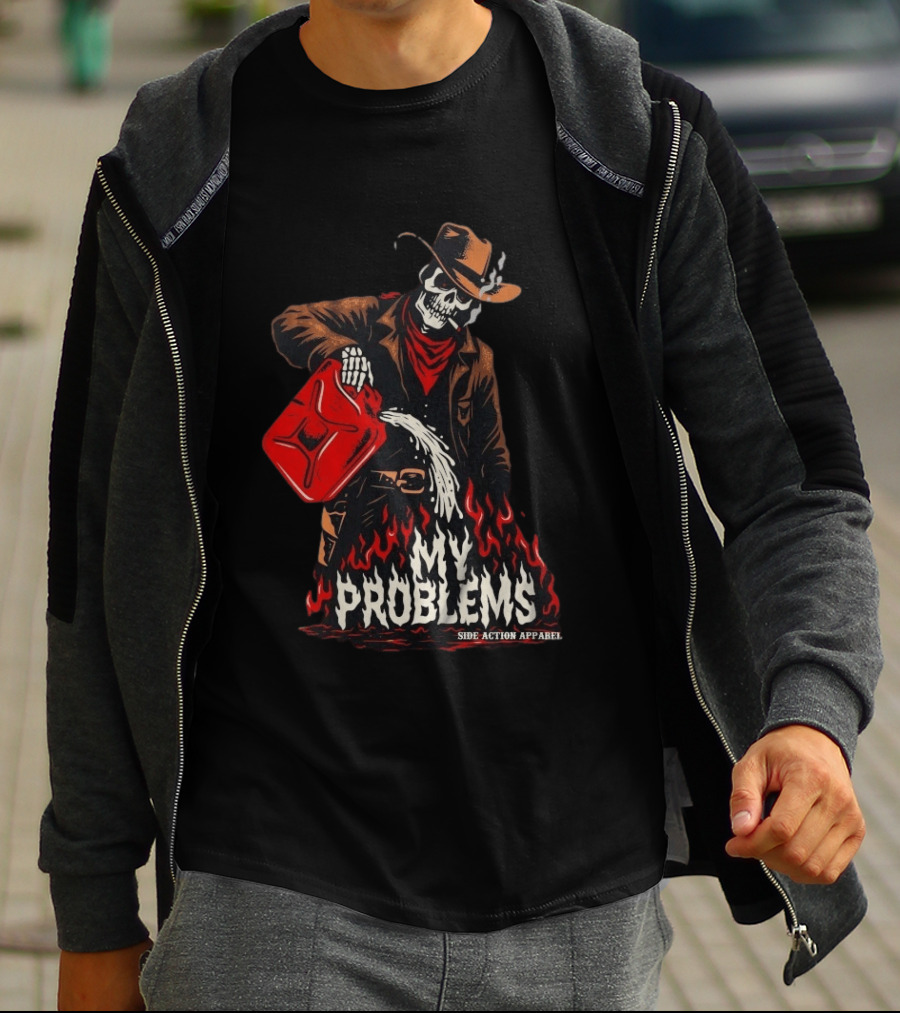 Fueling My Problems Skeleton Cowboy Side Action T-Shirt