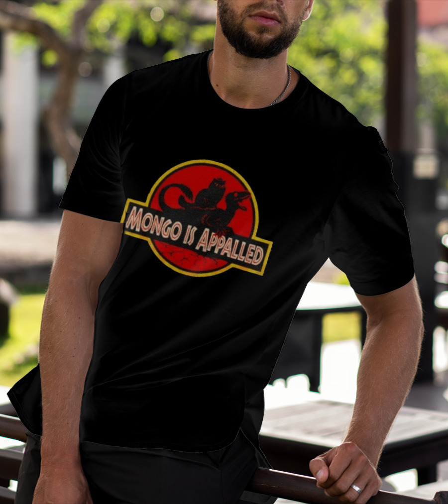 Mongo Is Appalled Cat Riding Raptor Dinosaur Circle T-Shirt