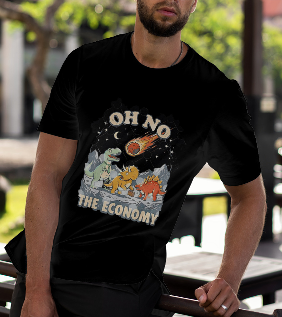 Oh No The Economy Dinosaurs Meteor Cartoon Funny Design Dinosaur Comic T-Shirt