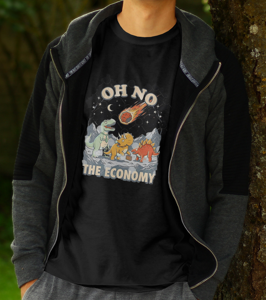 Oh No The Economy Dinosaurs Meteor Cartoon Funny Design Dinosaur Comic T-Shirt