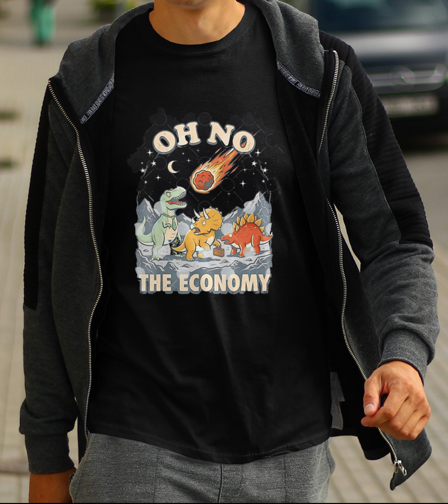 Oh No The Economy Dinosaurs Meteor Cartoon Funny Design Dinosaur Comic T-Shirt