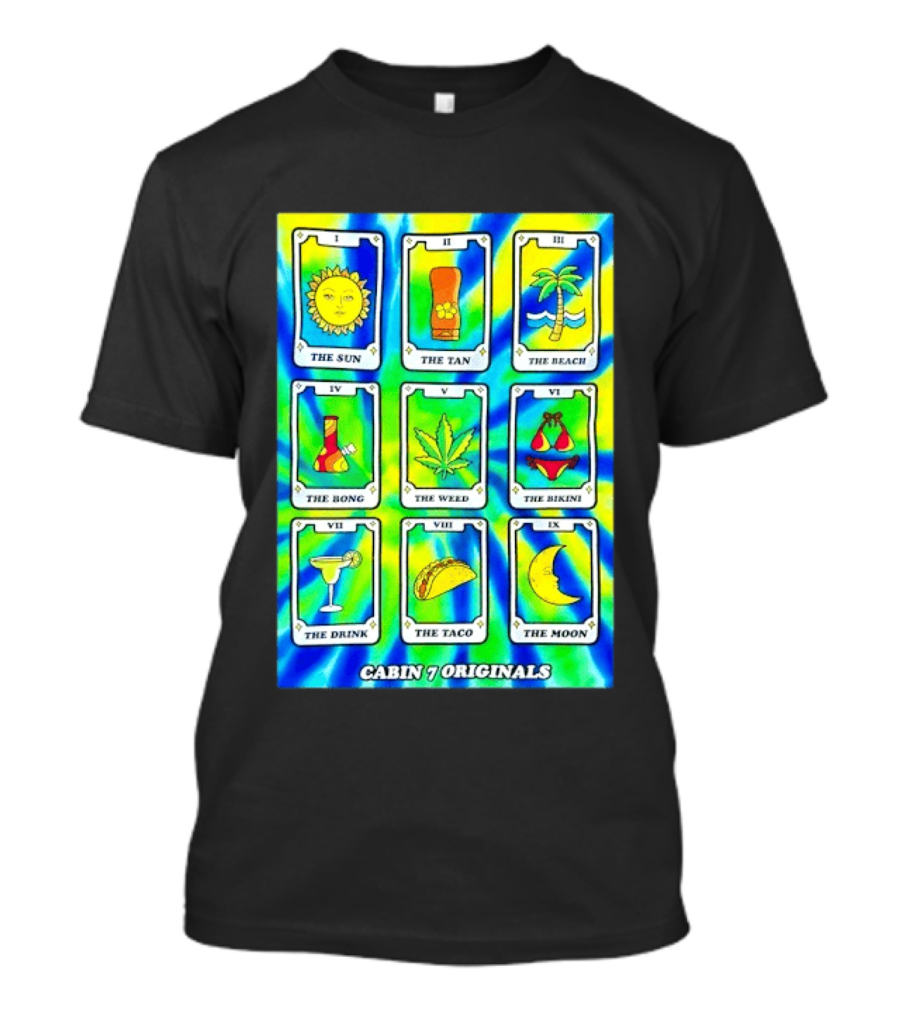 Cabin 7 Originals Tarot Cards Sun Tan Beach Bong Weed Bikini Drink Taco Moon T-Shirt