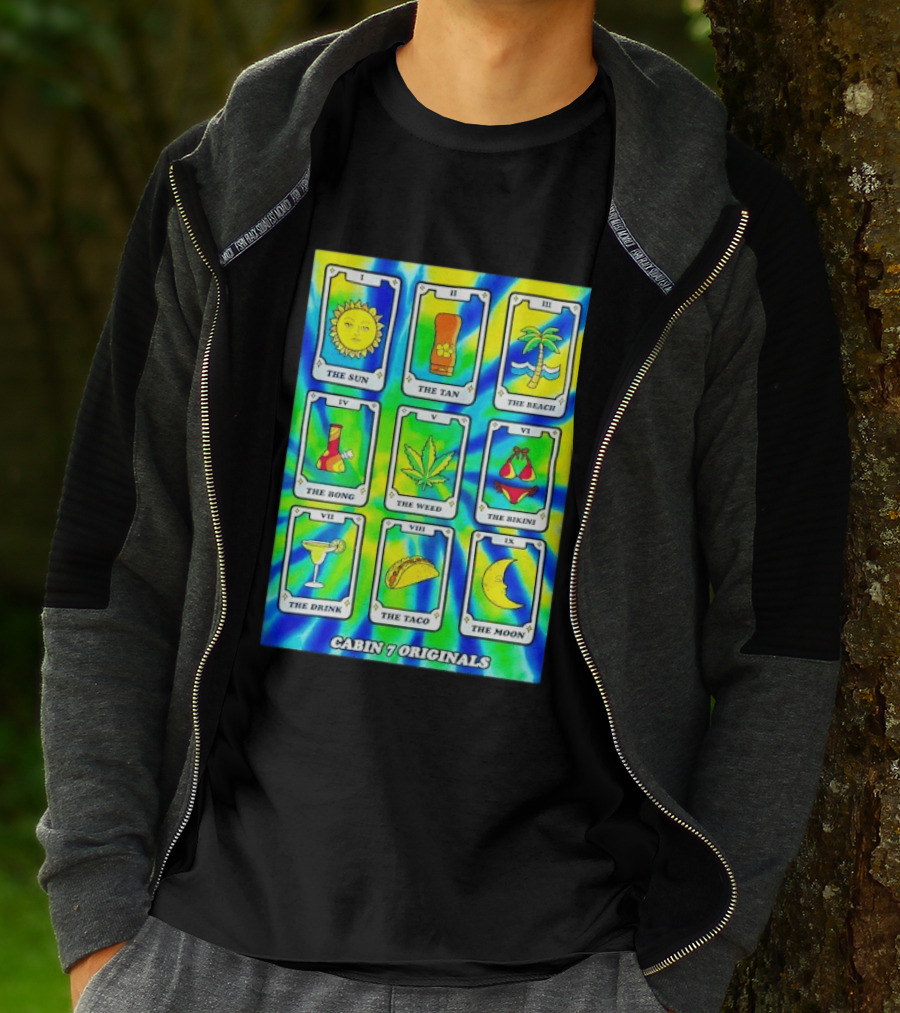 Cabin 7 Originals Tarot Cards Sun Tan Beach Bong Weed Bikini Drink Taco Moon T-Shirt