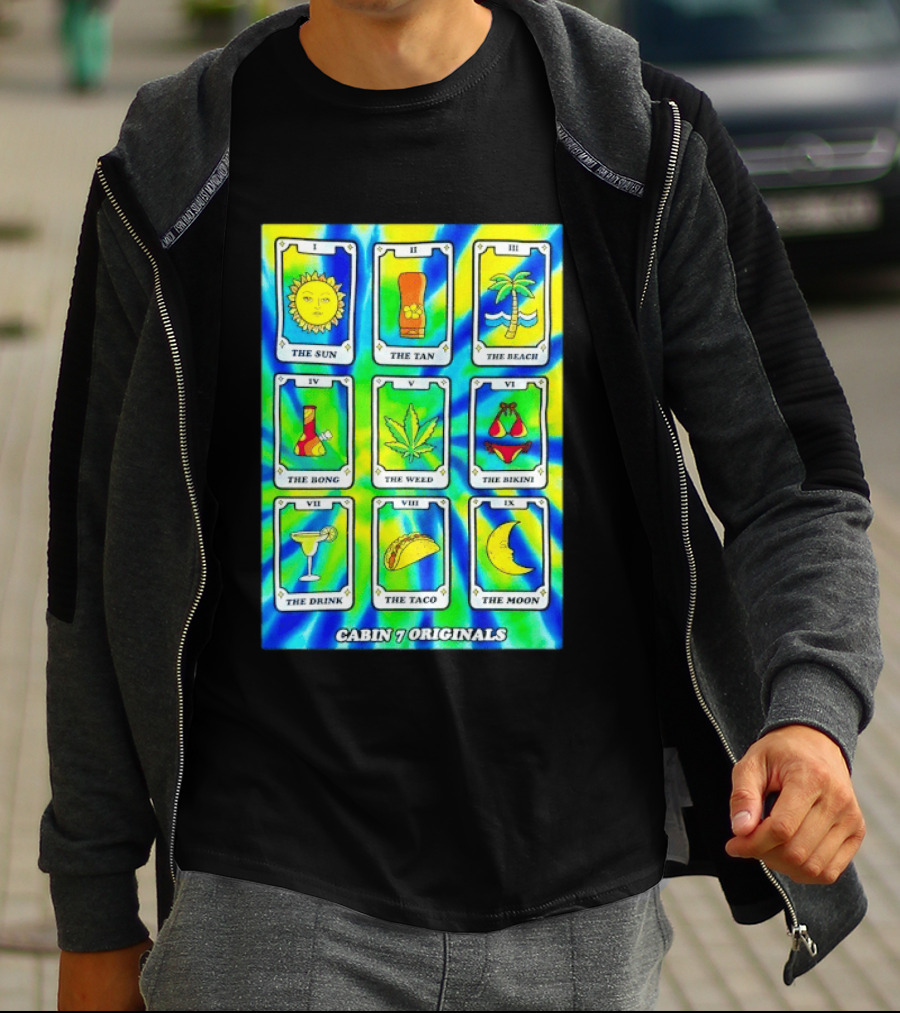 Cabin 7 Originals Tarot Cards Sun Tan Beach Bong Weed Bikini Drink Taco Moon T-Shirt
