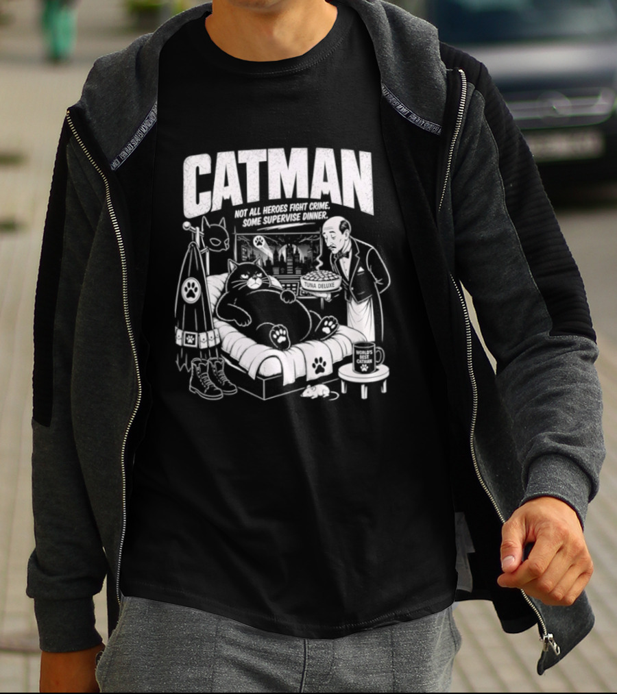 Catman Not All Heroes Fight Crime Some Supervise Dinner Comical Cat And Human Duo At Table T-Shirt