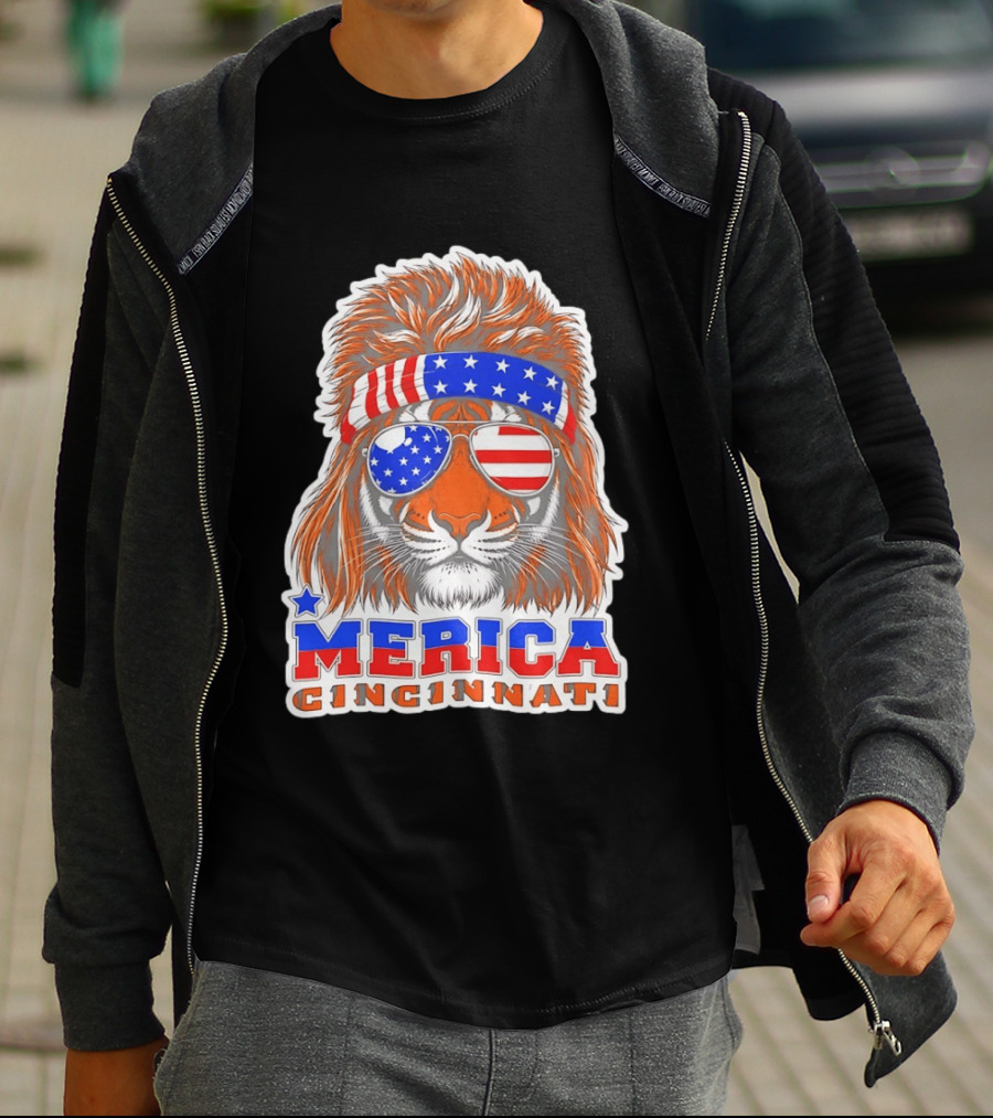 Cincinnati Merica Patriotic Tiger Mullet USA Flag T-Shirt