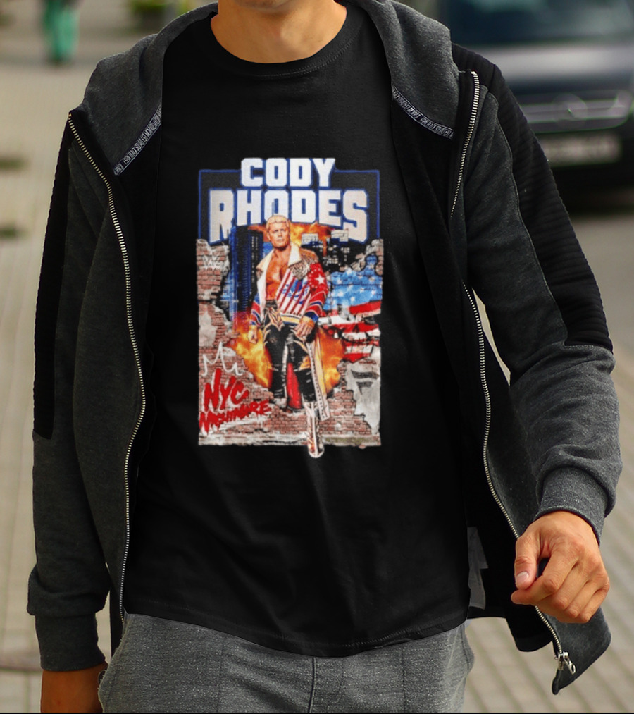 Cody Rhodes NYC Nightmare WWE Wrestling Fireworks Explosion Brick Wall American Flag Jacket T-Shirt