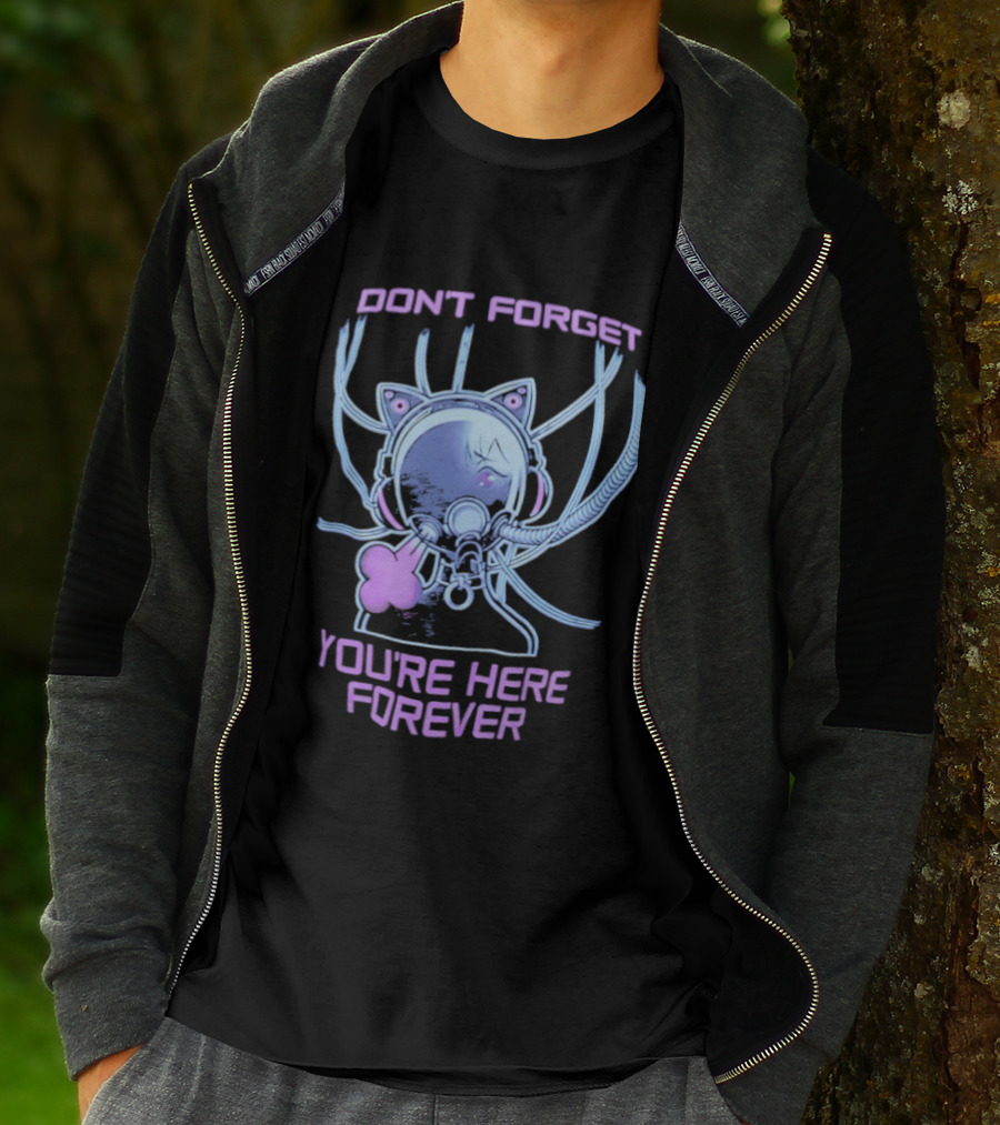Don't Forget You're Here Forever Cyberpunk Cat Girl Visor And Cables T-Shirt
