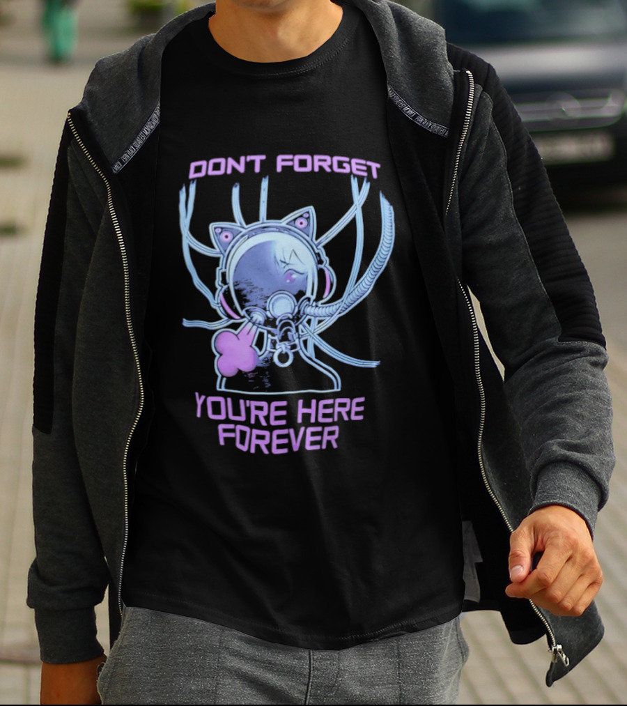 Don't Forget You're Here Forever Cyberpunk Cat Girl Visor And Cables T-Shirt