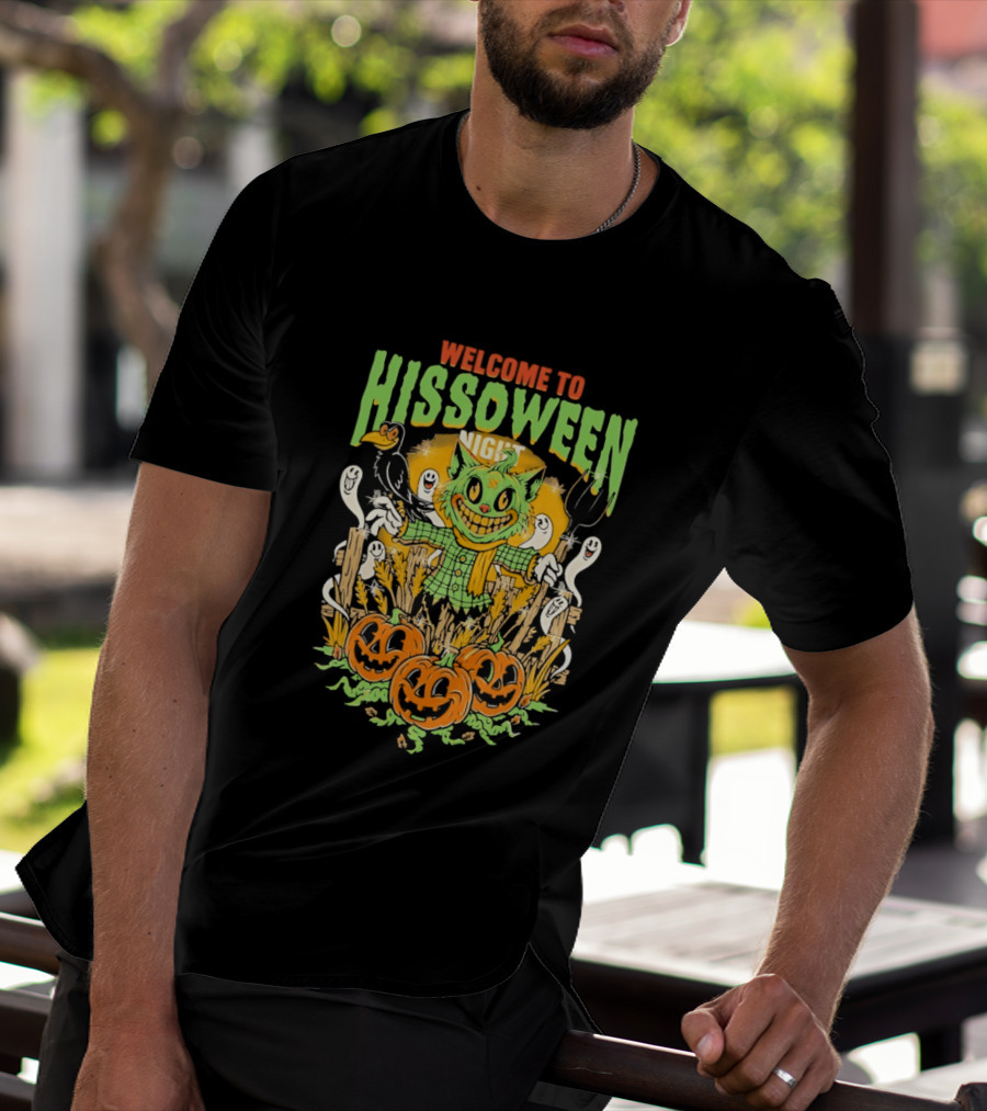 Welcome To Hissoween Night Cat Ghost Scarecrow Pumpkin T-Shirt