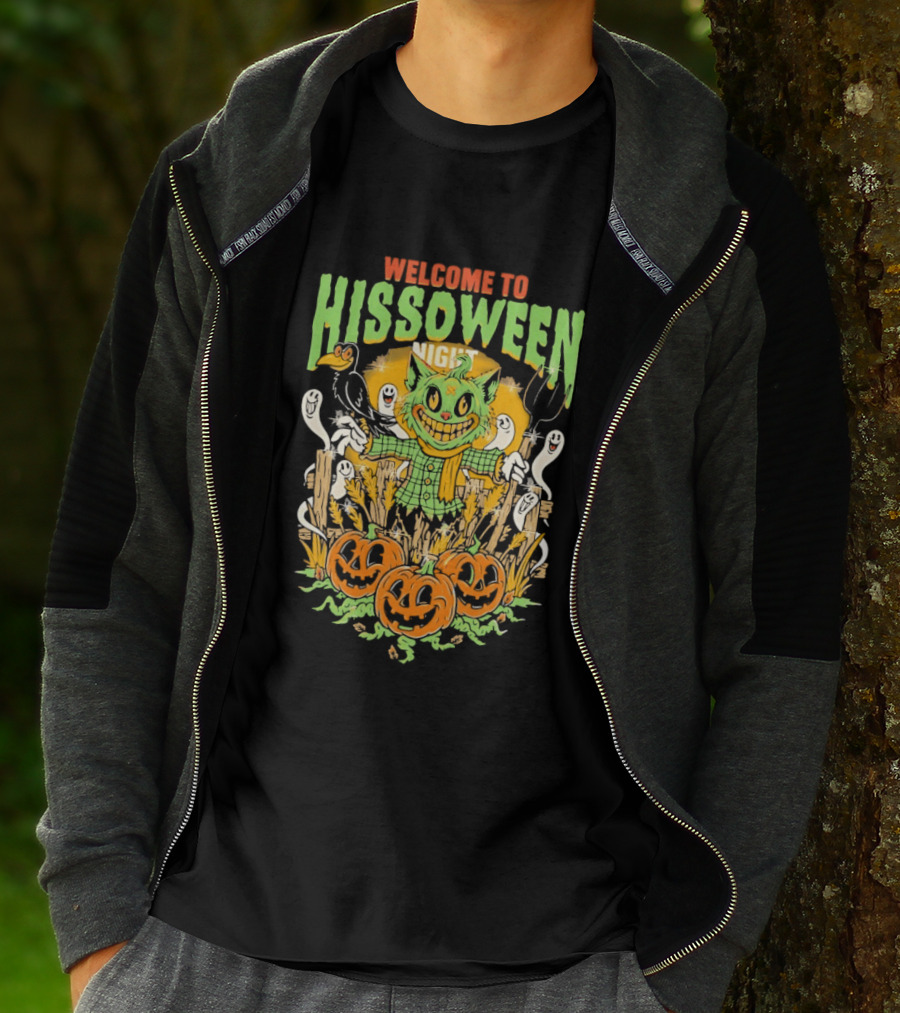 Welcome To Hissoween Night Cat Ghost Scarecrow Pumpkin T-Shirt