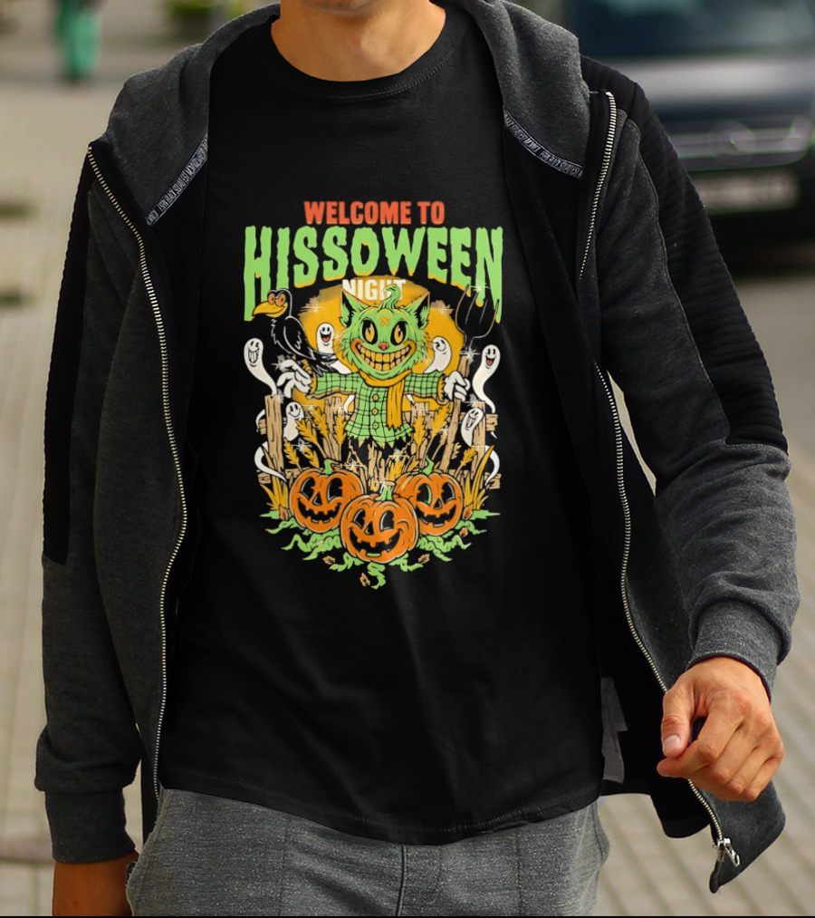 Welcome To Hissoween Night Cat Ghost Scarecrow Pumpkin T-Shirt
