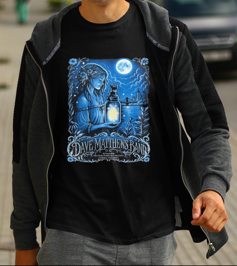 Dave Matthews Band July 10 2026 Freedom Mortgage Pavilion Camden New Jersey Moonlit Lantern And City Skyline T-Shirt