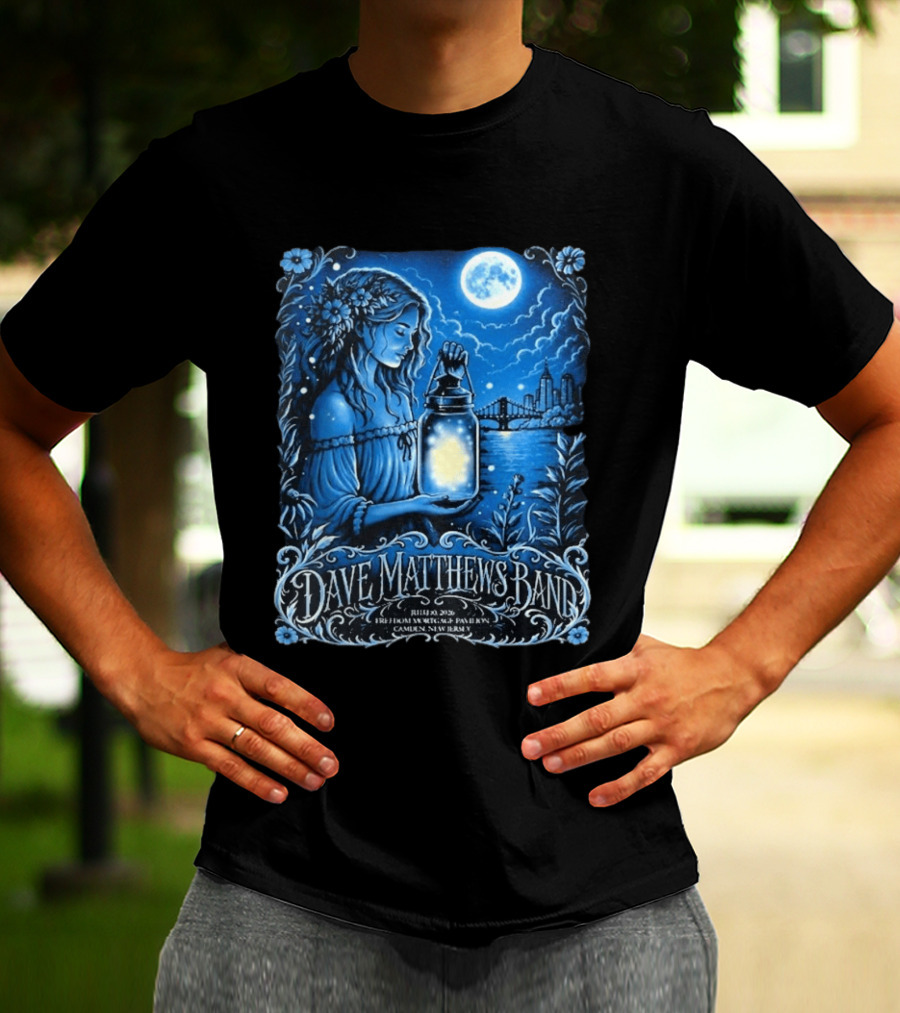 Dave Matthews Band July 10 2026 Freedom Mortgage Pavilion Camden New Jersey Moonlit Lantern And City Skyline T-Shirt
