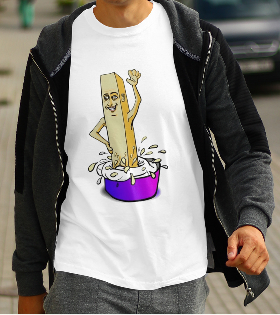 Belgian French Fry Cartoon Character Waving In Sauce Bowl T-Shirt
