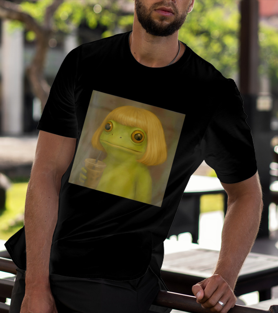 Blonde Wig Frog Holding Iced Coffee T-Shirt