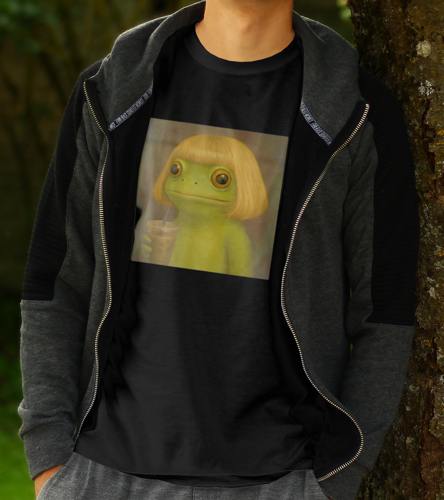 Blonde Wig Frog Holding Iced Coffee T-Shirt
