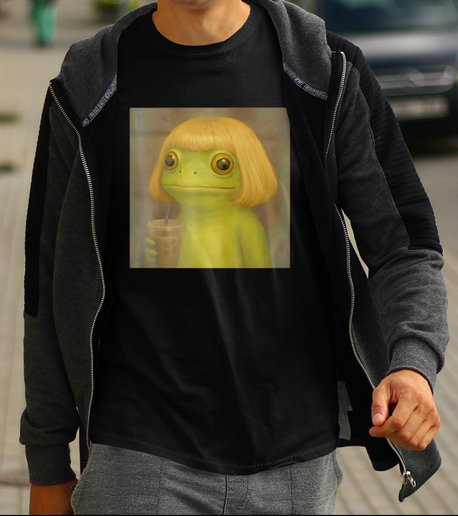 Blonde Wig Frog Holding Iced Coffee T-Shirt