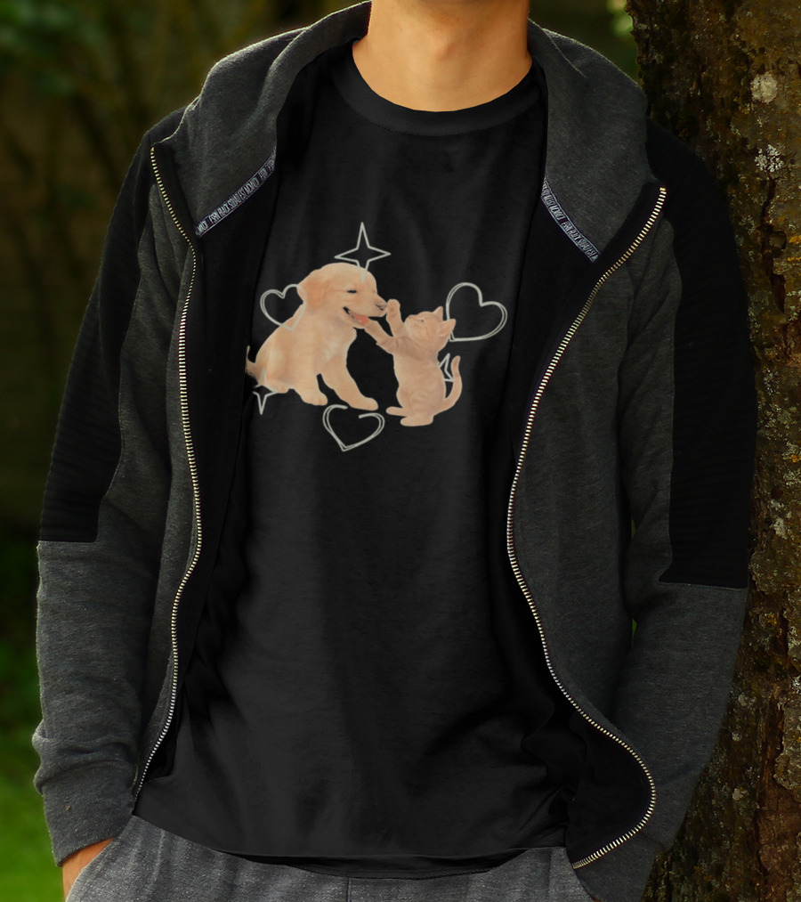 Golden Retriever Puppy And Tabby Kitten Playing With Stars And Hearts T-Shirt