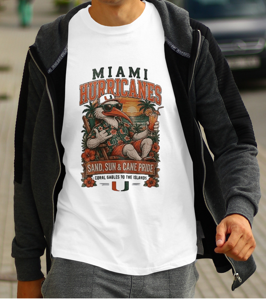 Miami Hurricanes Sand Sun Cane Pride Coral Gables To The Islands T-Shirt