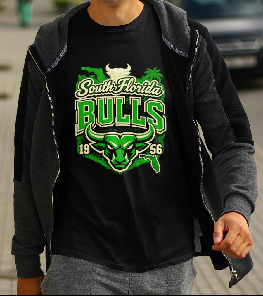 South Florida Bulls 1956 NCAA College Football Palm Tree Map Green Bull T-Shirt