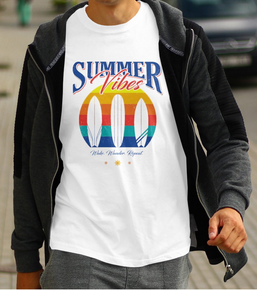 Summer Vibes Wake Wander Repeat Retro Surfboard Sunset T-Shirt