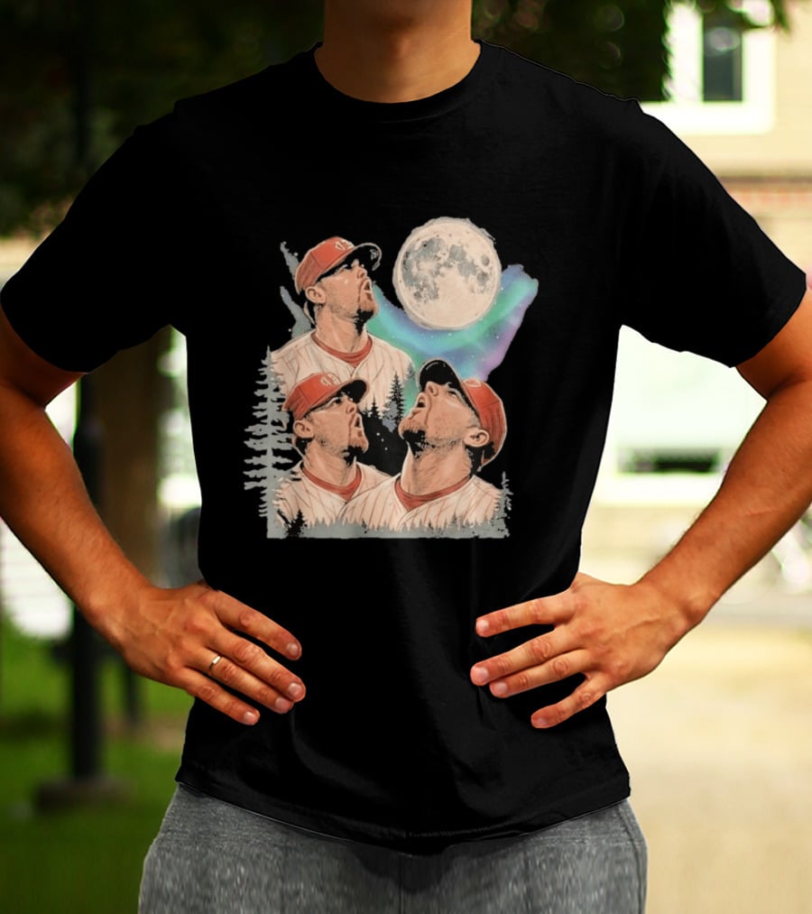 Three Howling Phillies 2026 Randy Wolf Meme Vintage Baseball Art Baseball Moon Forest T-Shirt