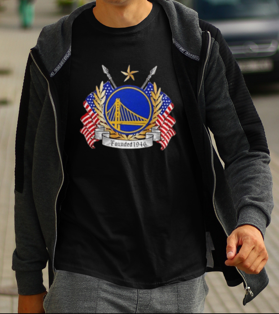 Golden State Warriors 1946 Emblem American Flags Distressed T-Shirt