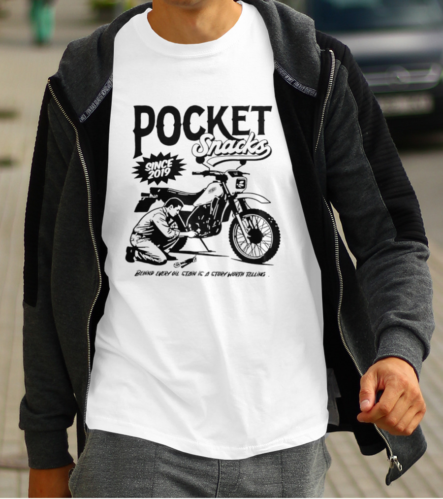 Pocket Snacks Since 2019 Motorcycle Mechanic Oil Stain T-Shirt