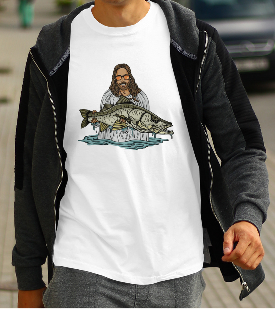 Jesus Holding Fish Like Jesus Fishing With Sunglasses T-Shirt