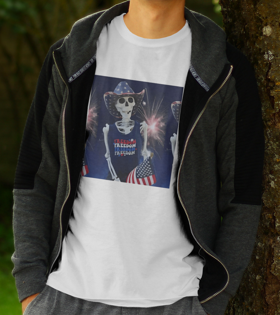 Freedom Skeleton Patriot With American Flag And Fireworks Fourth Of July T-Shirt