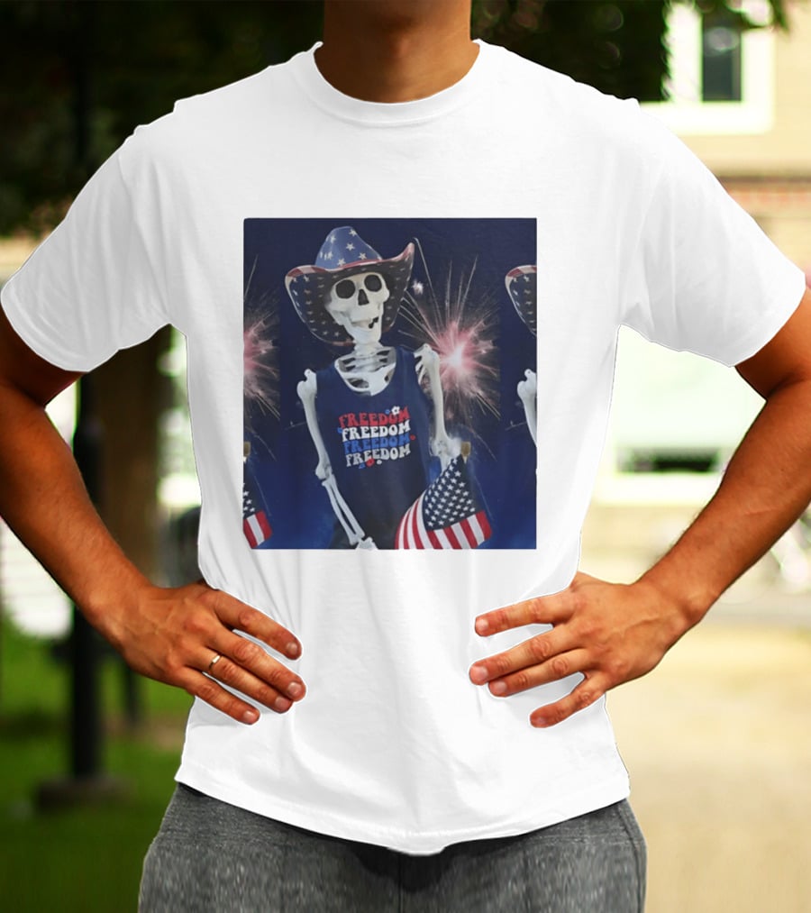Freedom Skeleton Patriot With American Flag And Fireworks Fourth Of July T-Shirt