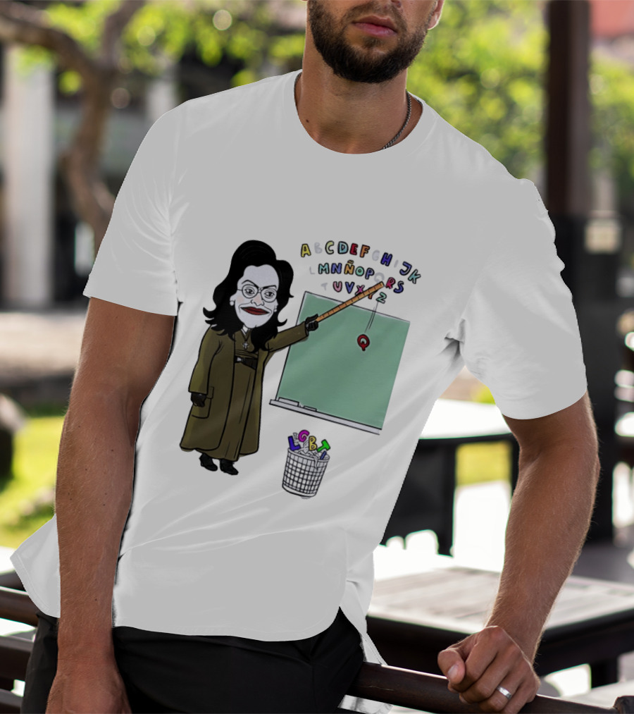LGBTQ Alphabet Removal Cartoon Teacher With Chalkboard And Trash Bin T-Shirt
