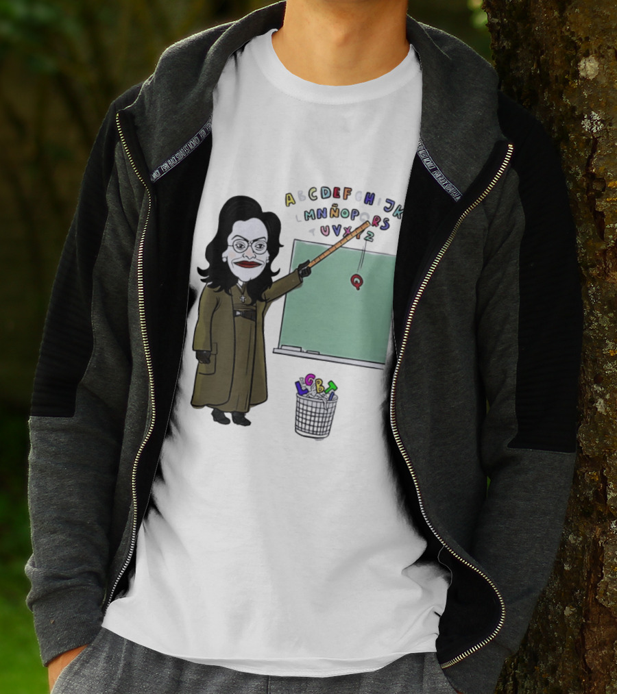 LGBTQ Alphabet Removal Cartoon Teacher With Chalkboard And Trash Bin T-Shirt