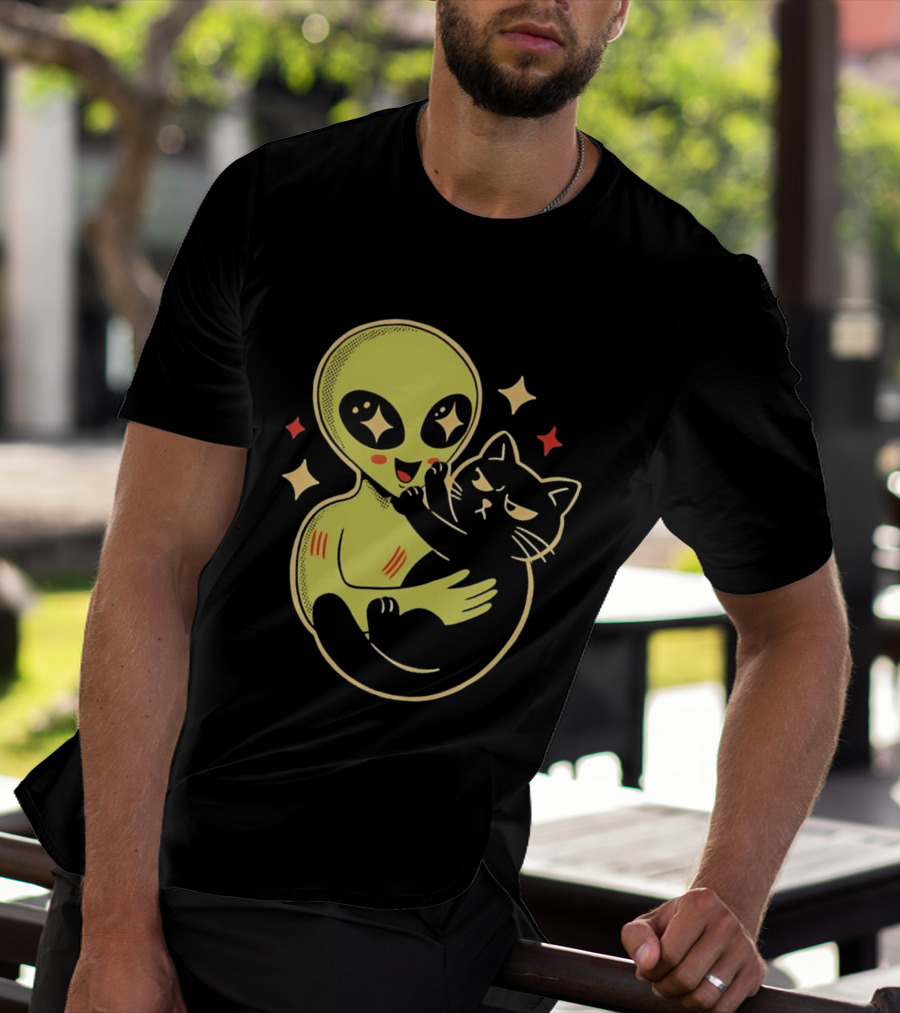 Alien Holding Grumpy Black Cat Surrounded By Stars T-Shirt