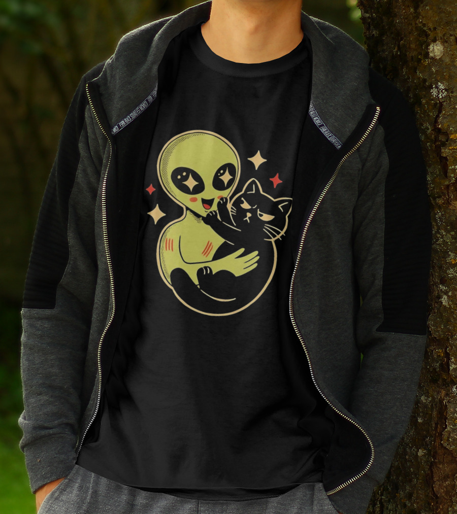 Alien Holding Grumpy Black Cat Surrounded By Stars T-Shirt