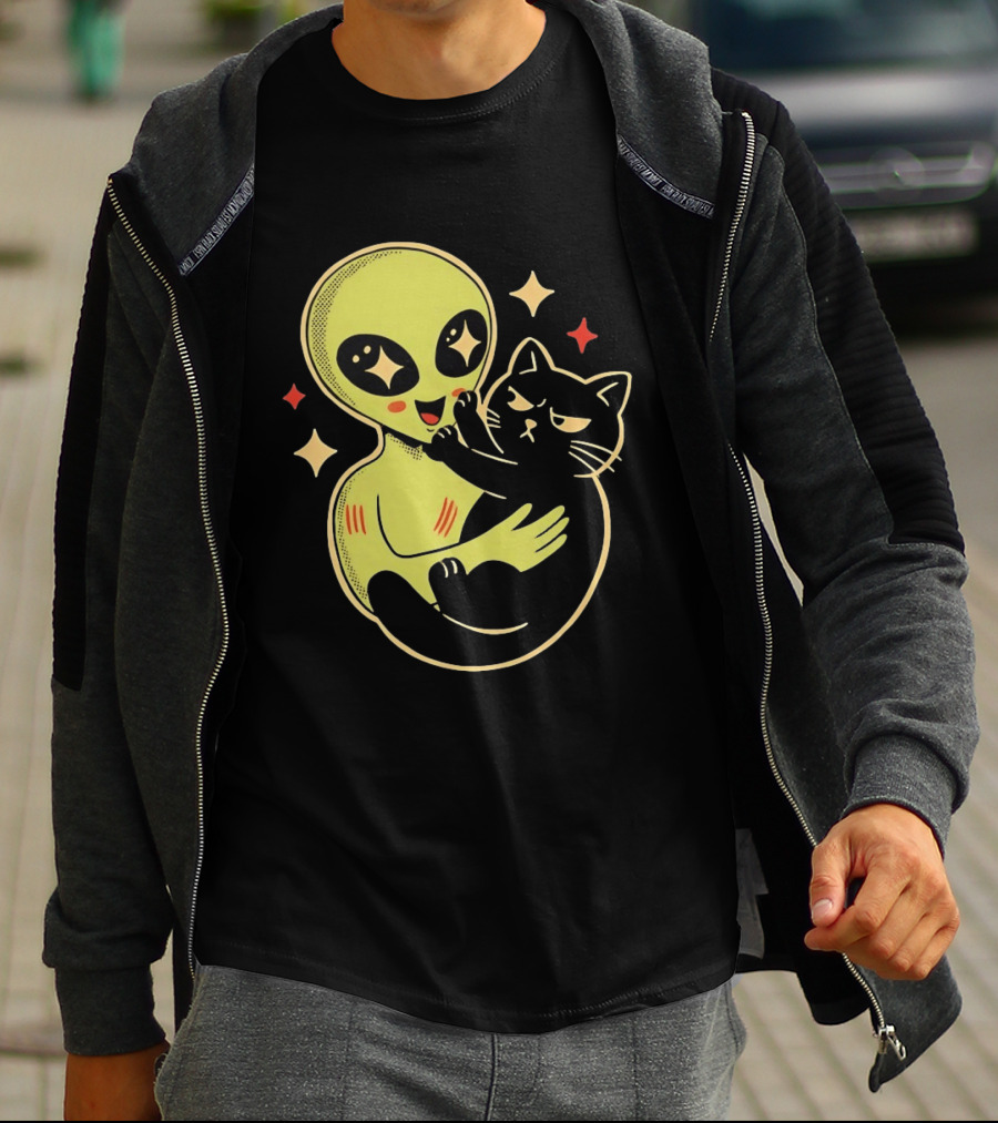 Alien Holding Grumpy Black Cat Surrounded By Stars T-Shirt