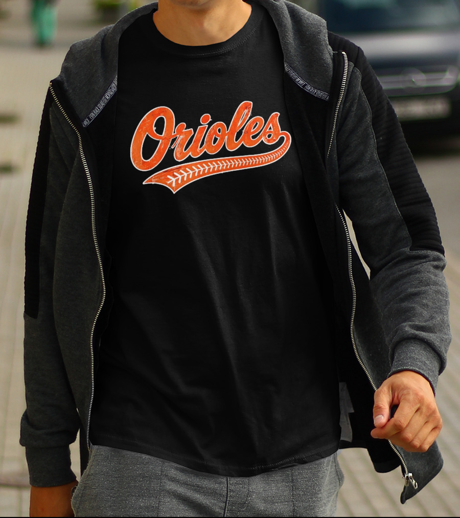 Baltimore Orioles Vintage Text With Baseball Stitching T-Shirt