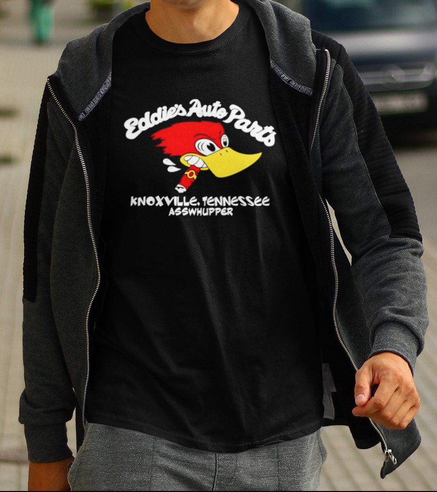Eddie's Auto Parts Knoxville Tennessee Asswhupper Cartoon Bird Image T-Shirt